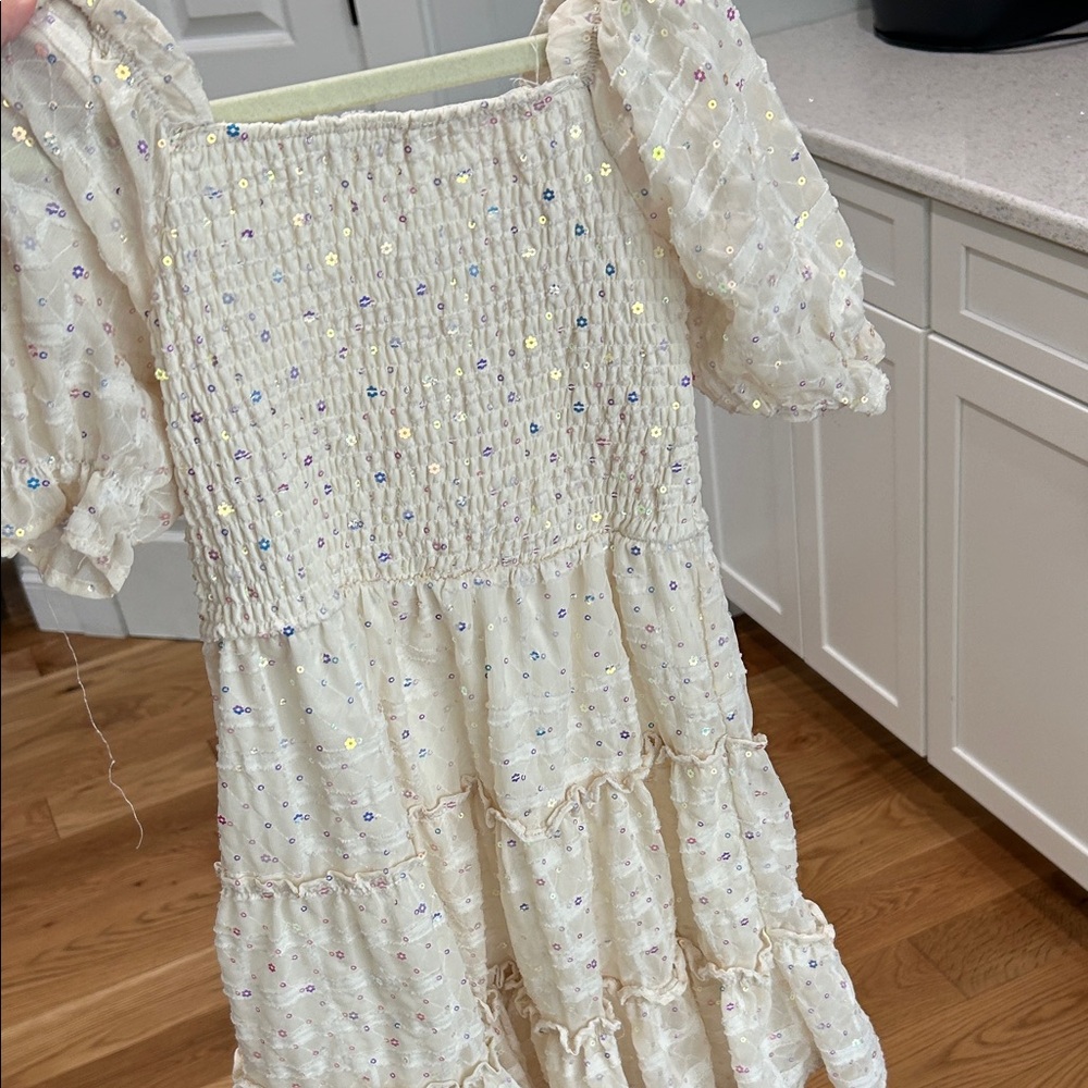 Rare Edition Cream Puff Sleeve Smocked Dress with Multicolor Sequin Dots 6x